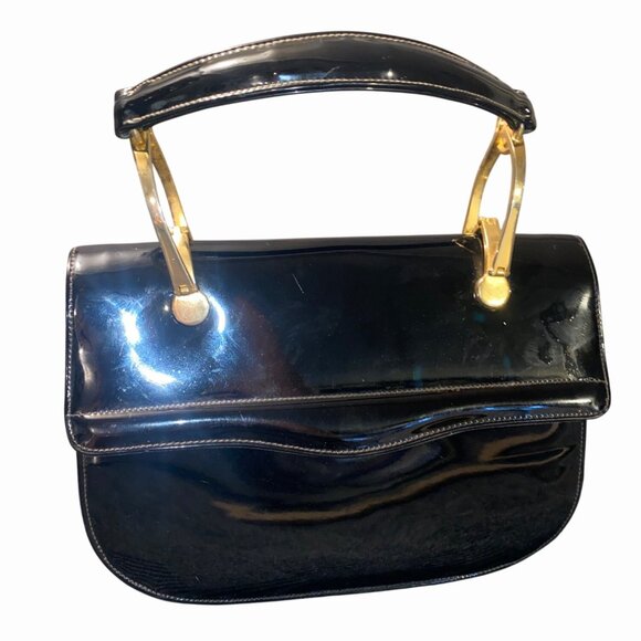 Vintage Black Patent Leather Handbag  Gold Tone Handle Hardware Classic USA - Picture 2 of 16